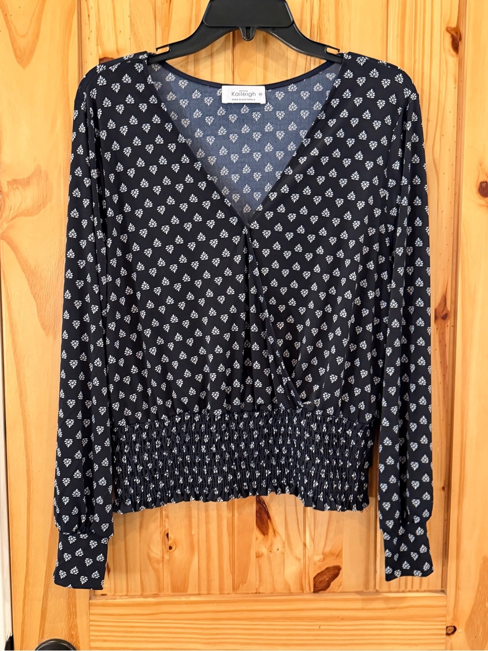 Kaileigh Navy Printed V-Neck Smocked Waist Blouse
